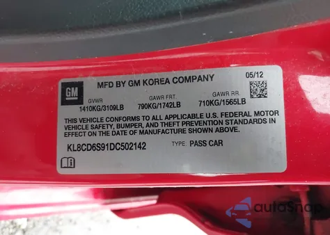 2013 Chevrolet Spark 1Lt Auto z USA, uszkodzony, nr VIN KL8CD6S91DC502142